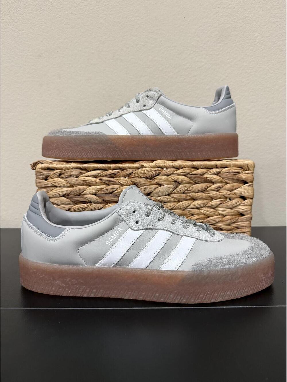 adidas Samba Platform Sneakers in Light Gray and White with Gum Sole